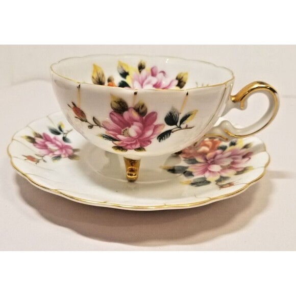 Ucagco China Footed Tea Cup & Saucer Pink Mums and Gold Trim Vintage Japan - Picture 7 of 7